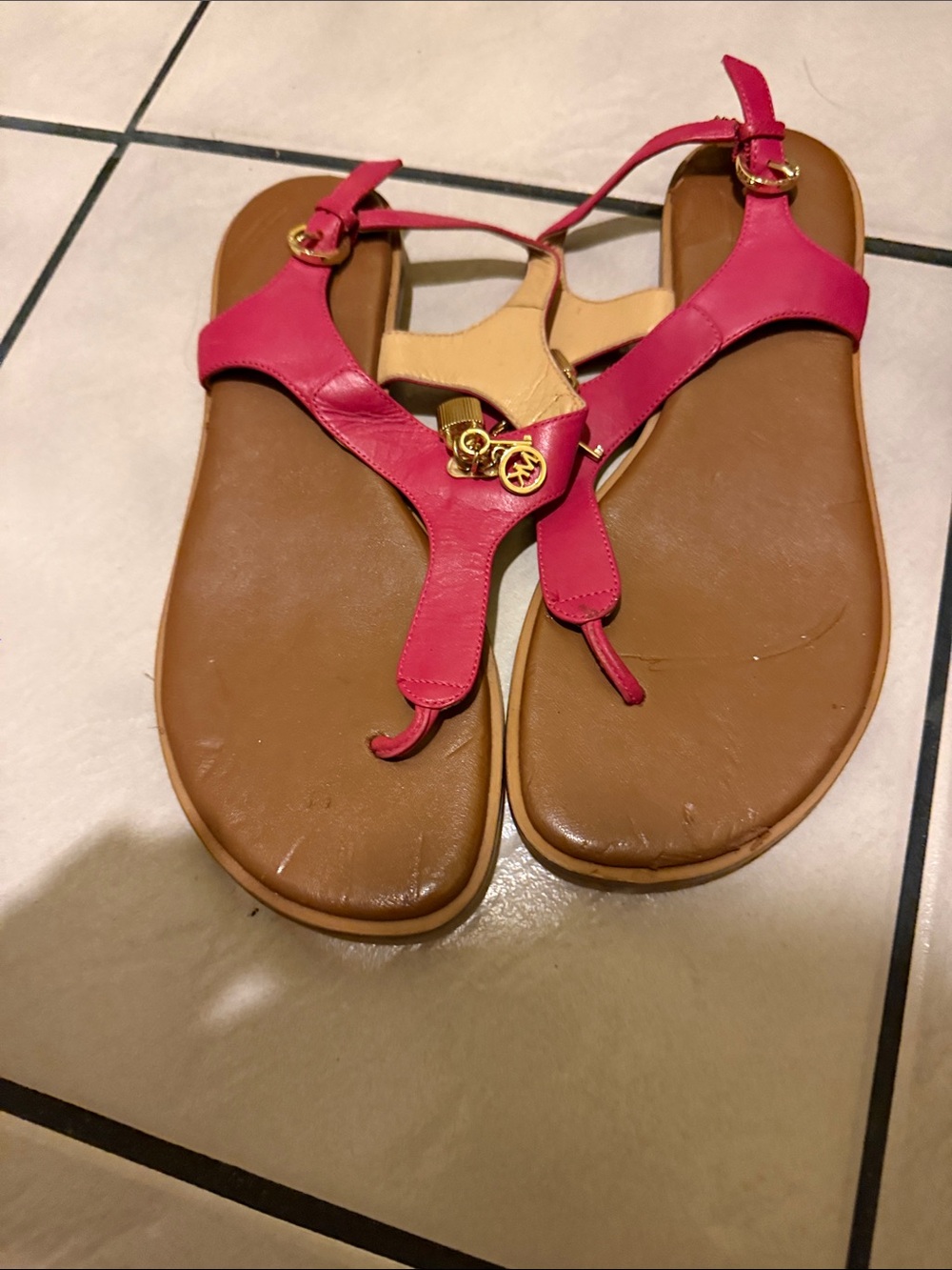 Michael Kors Hot Pink and Brown T-Strap Sandals